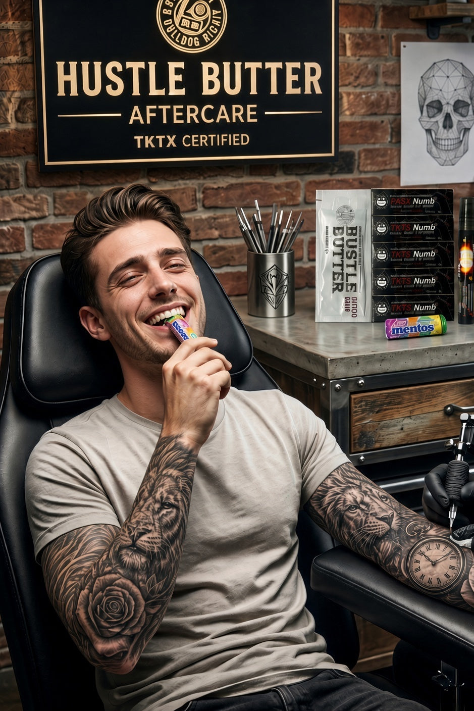 Tattoo client eating Mentos in the chair – The Freshmaker