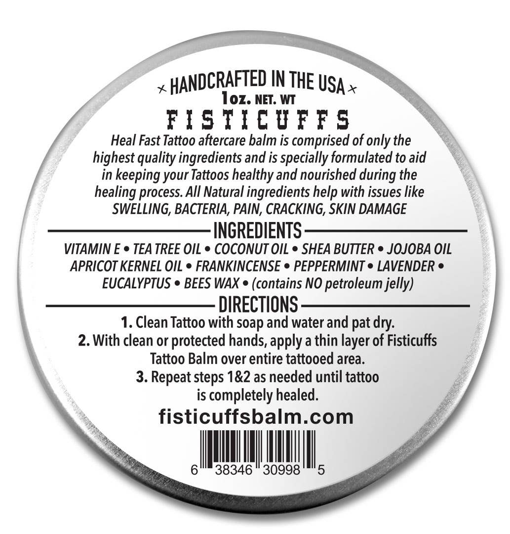 Fisticuffs tattoo balm container with label on a white background