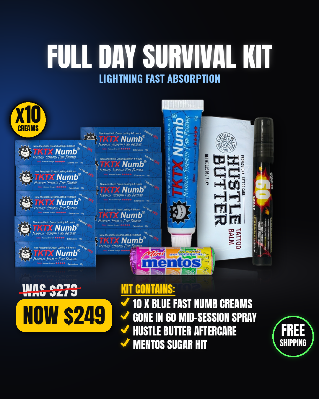 TKTX Blue Lightning Fast Full Day Survival Kit - 10 creams, Gone in 60 spray, Hustle Butter, Mentos