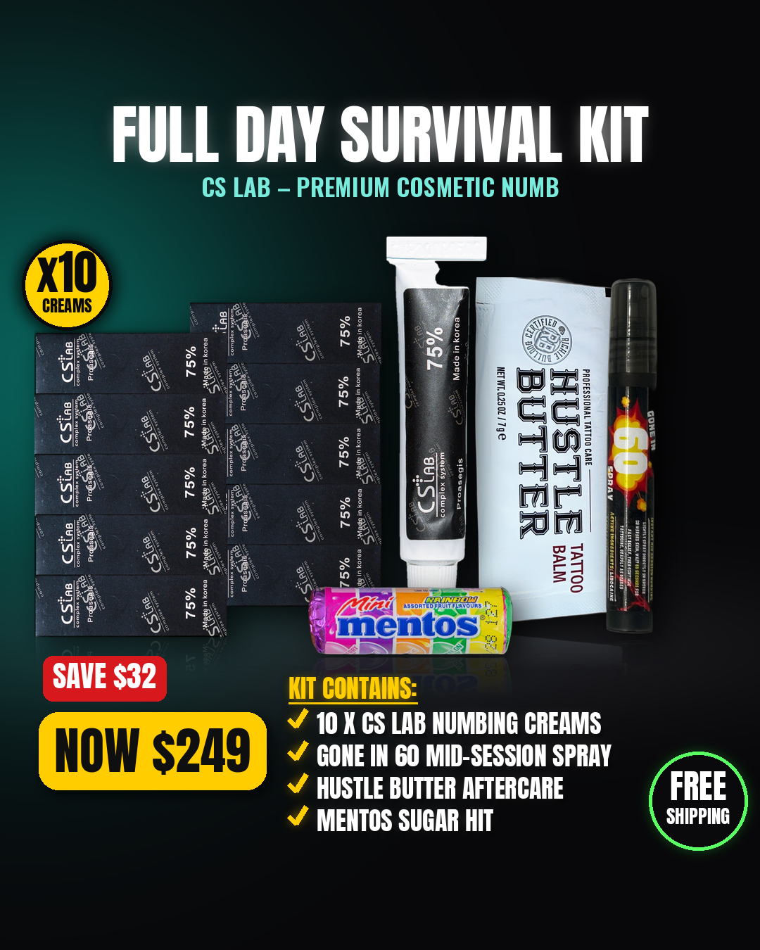 CS Lab Premium Cosmetic Full Day Survival Kit - 10 creams, Gone in 60 spray, Hustle Butter, Mentos