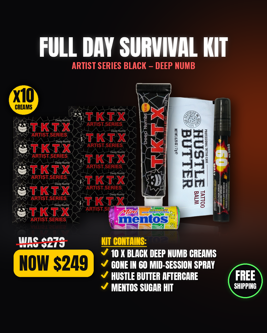 TKTX Artist Series Black Deep Numb Full Day Survival Kit - 10 creams, Gone in 60 spray, Hustle Butter, Mentos