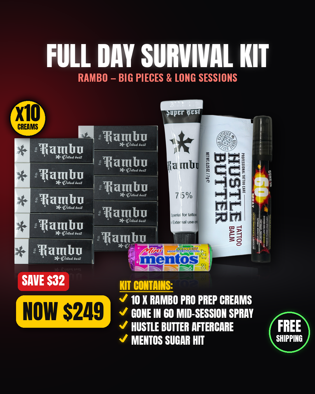Rambo Pro Prep Full Day Survival Kit - 10 creams, Gone in 60 spray, Hustle Butter, Mentos