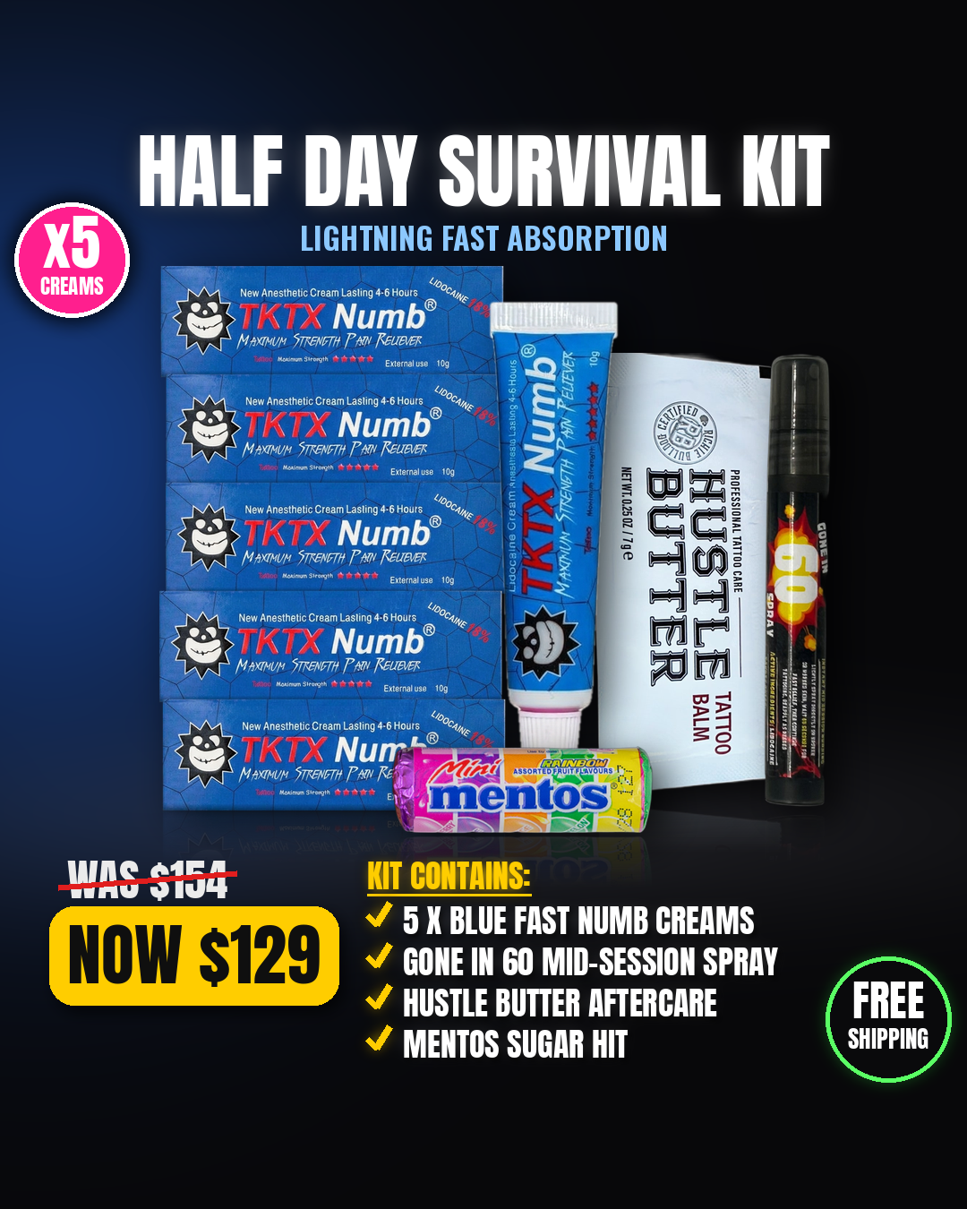 TKTX Blue Lightning Fast Half Day Survival Kit - 5 creams