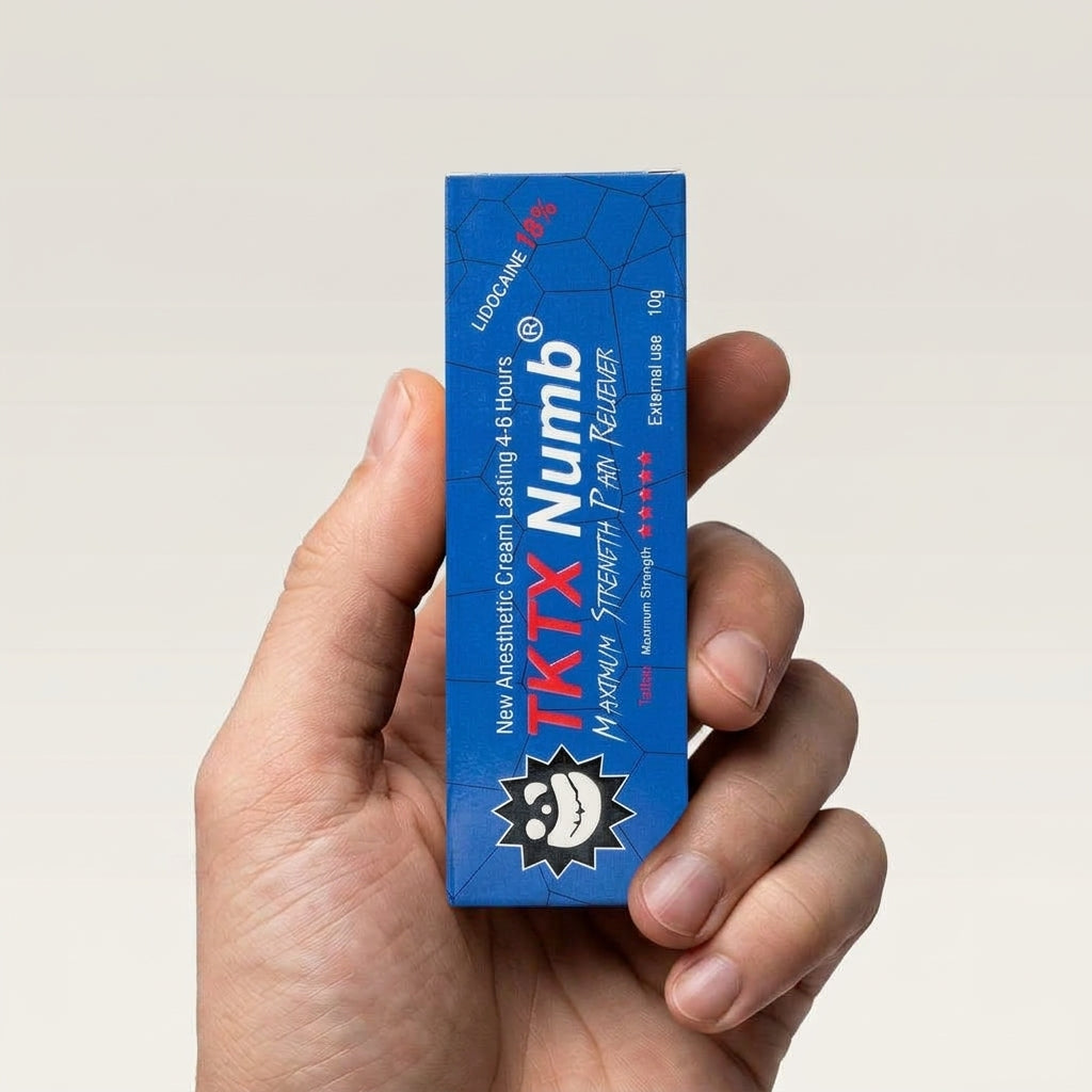 TKTX Blue cream box held in hand